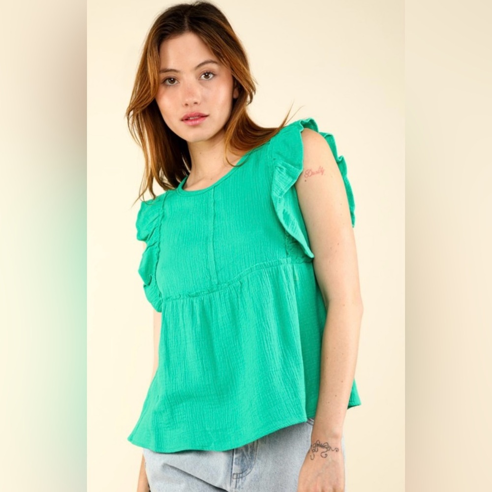 **LAST ONE** RUFFLE SLEEVE BABYDOLL GAUZE TOP 💚 - Picture 2 of 5